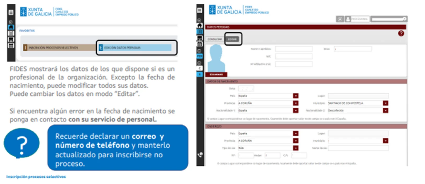 Datos personales en FIDES para inscripción oposiciones Xunta